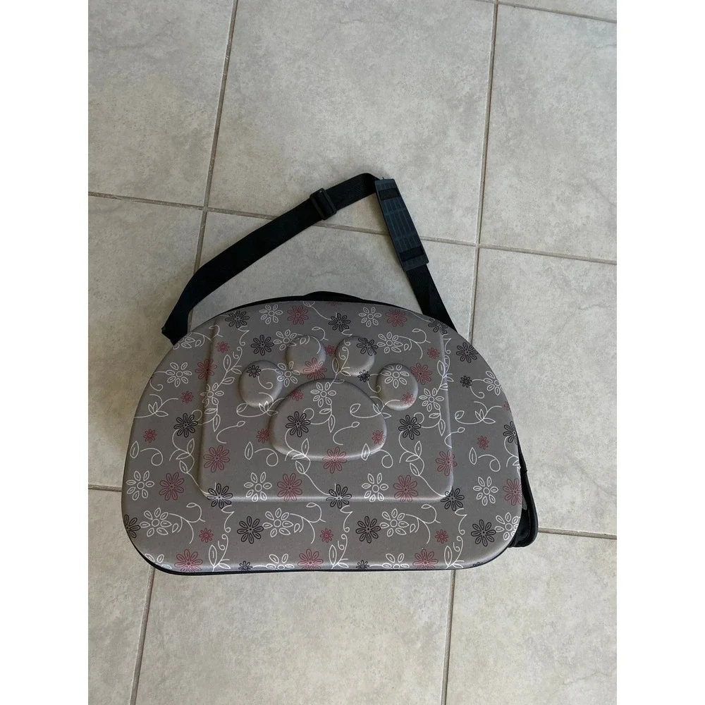Gray Floral Paw Print Soft Sided Pet Carrier Small Dog Cat Travel Bag Mesh Vent